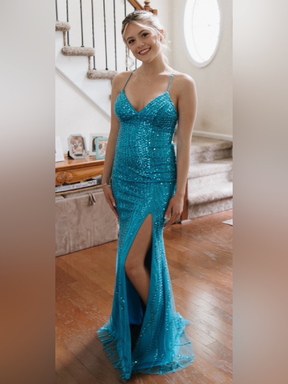 Faviana Turquoise/Aqua Swarovski Beaded /Sequin Spaghetti-Strap Prom Gown